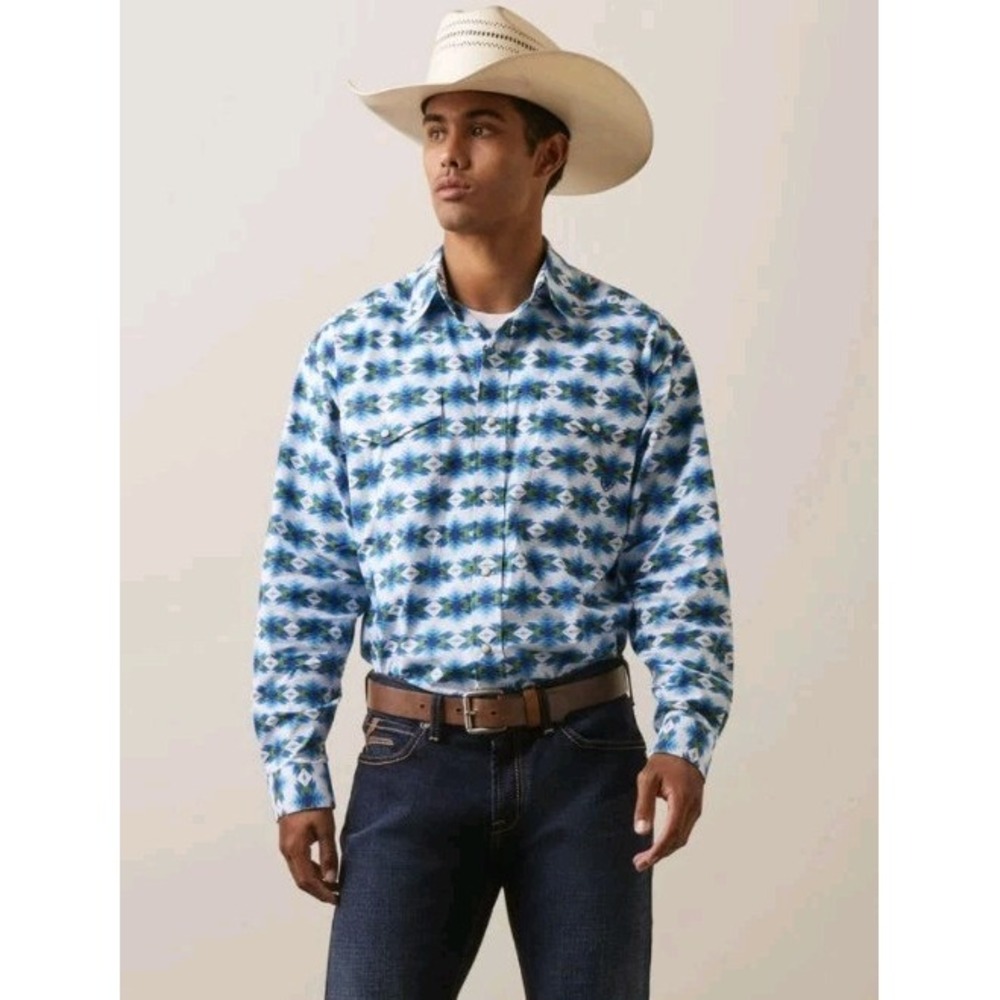 NEW Ariat Levi Classic‎ Fit Shirt Western Aztec Print Blue Button Up Long Sleeve